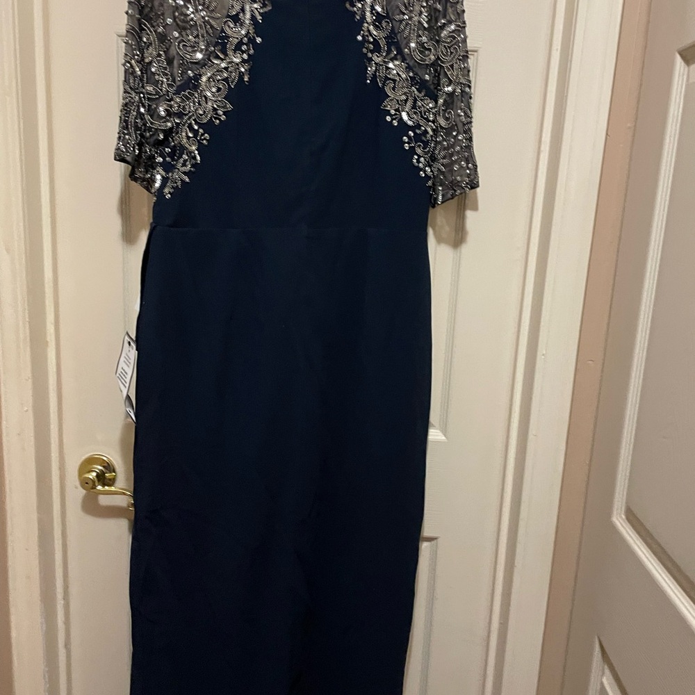Adrianna Papell Navy Maxi Dress with Silver Detailing